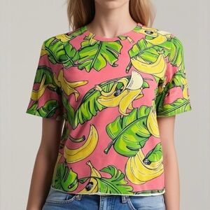 Love Moschino Banana Leaf Print Cropped T-Shirt Pink Yellow Green Size 6